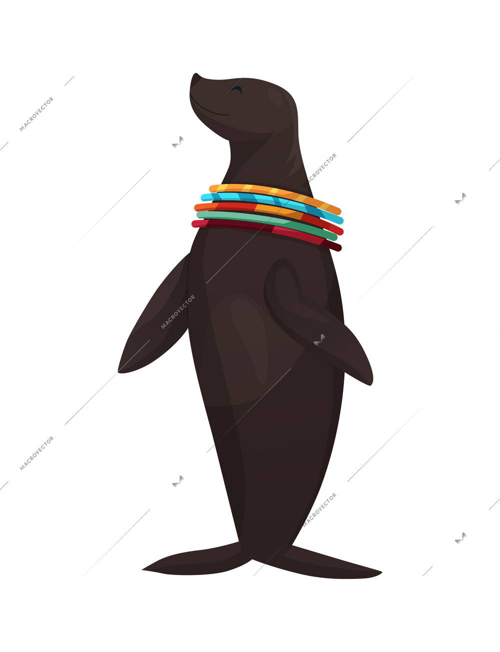 Seal performing with rings on neck flat vector illustration