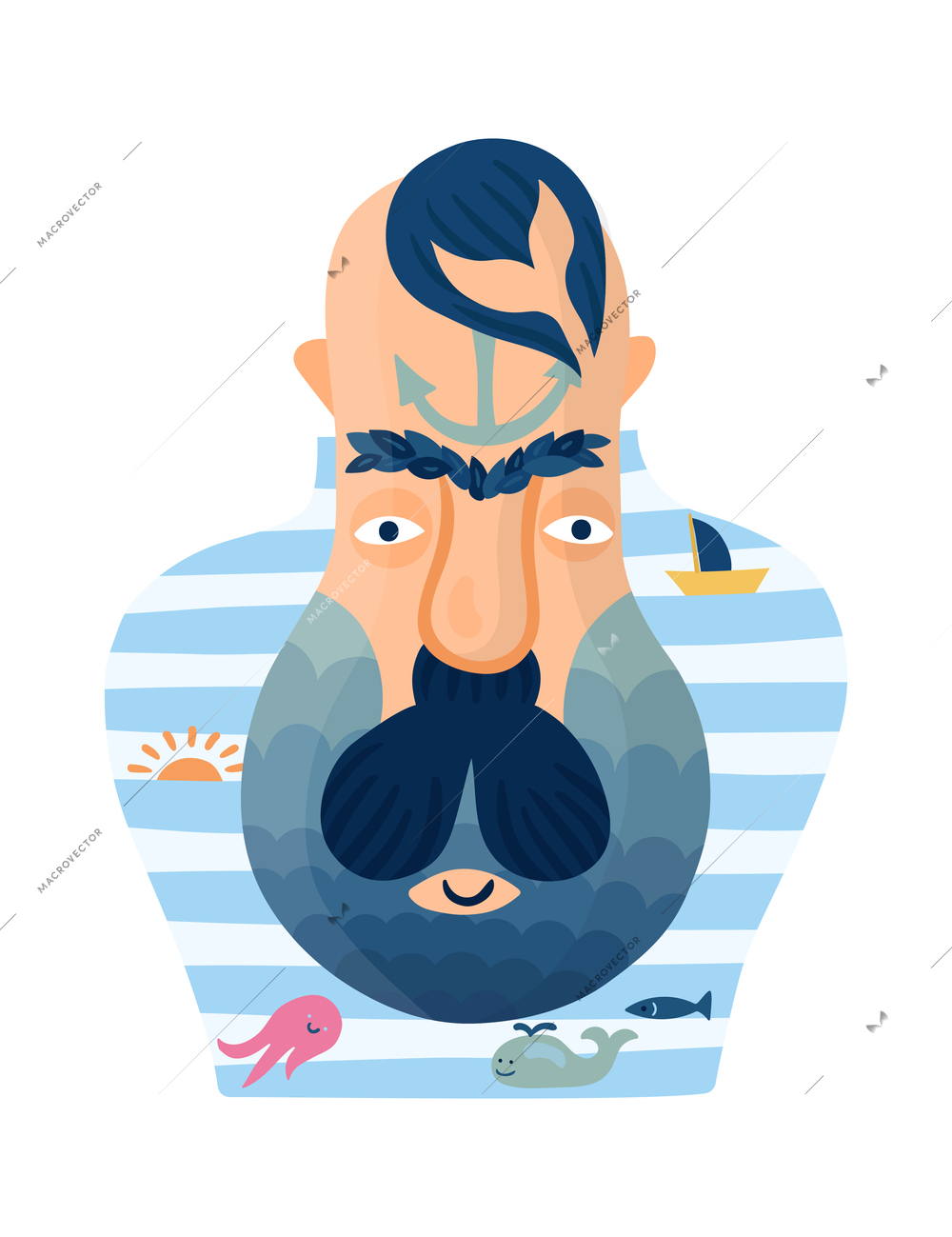 Human inner world psychological imaginary color male sailor portrait flat vector illustration