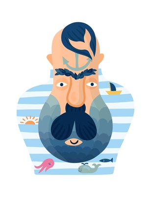 Human inner world psychological imaginary color male sailor portrait flat vector illustration