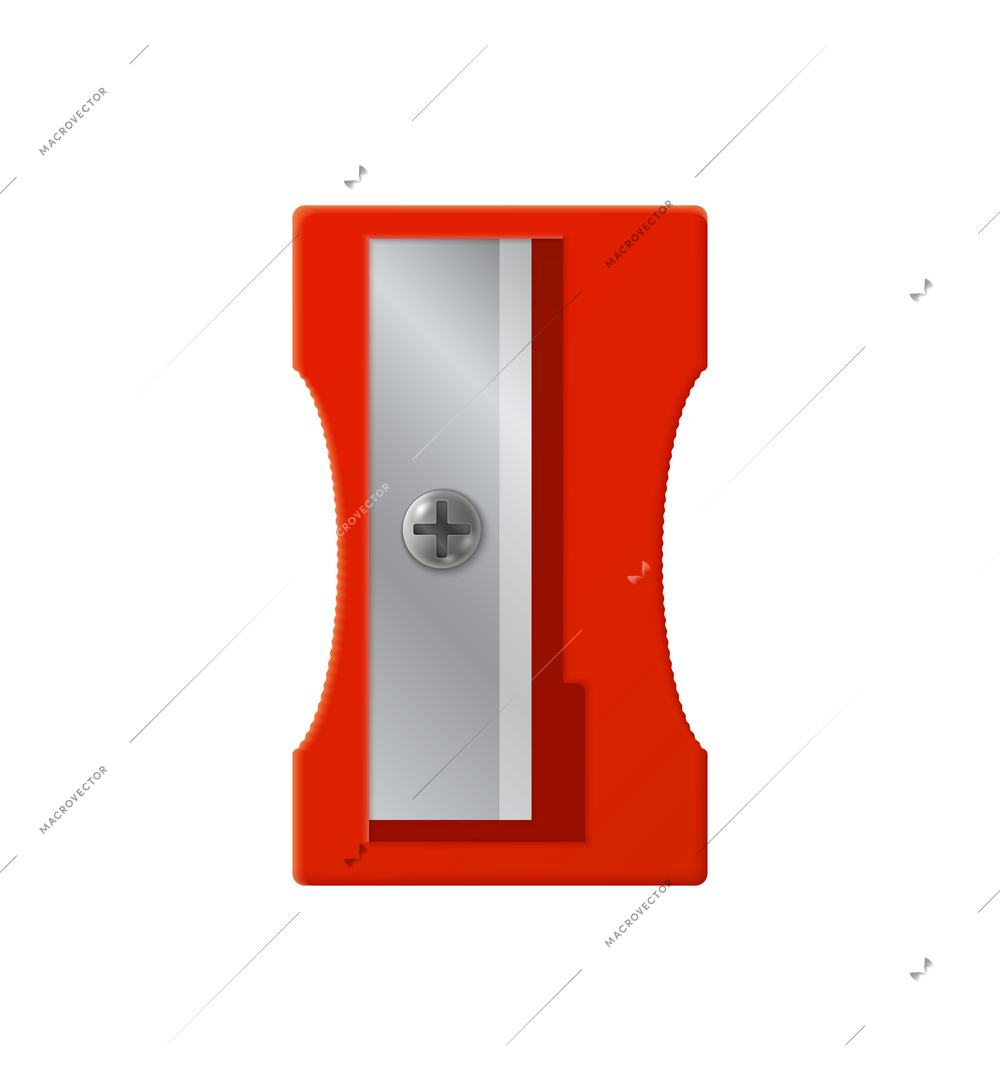 Realistic red plastic pencil sharpener isolated on white background vector illustration