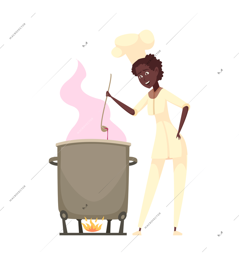 Cartoon happy female chef cooking soup vector illustration