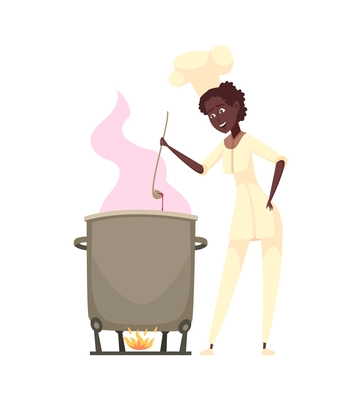 Cartoon happy female chef cooking soup vector illustration