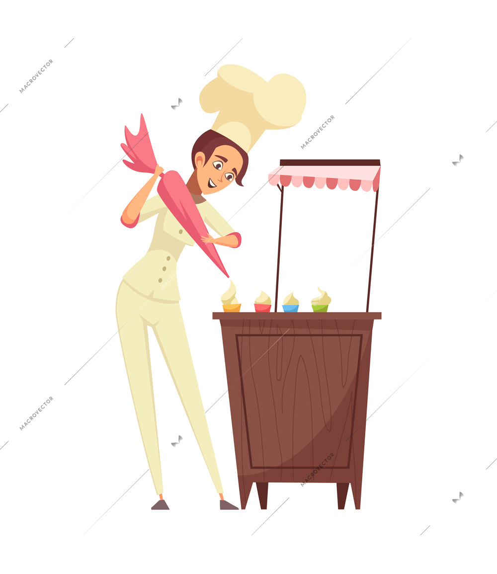 Happy female confectioner decorating cupcakes with cream using pastry bag cartoon vector illustration