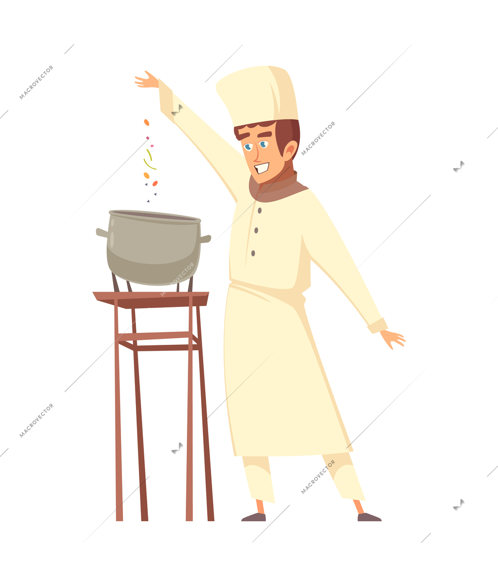 Cartoon professional male chef cooking soup vector illustration