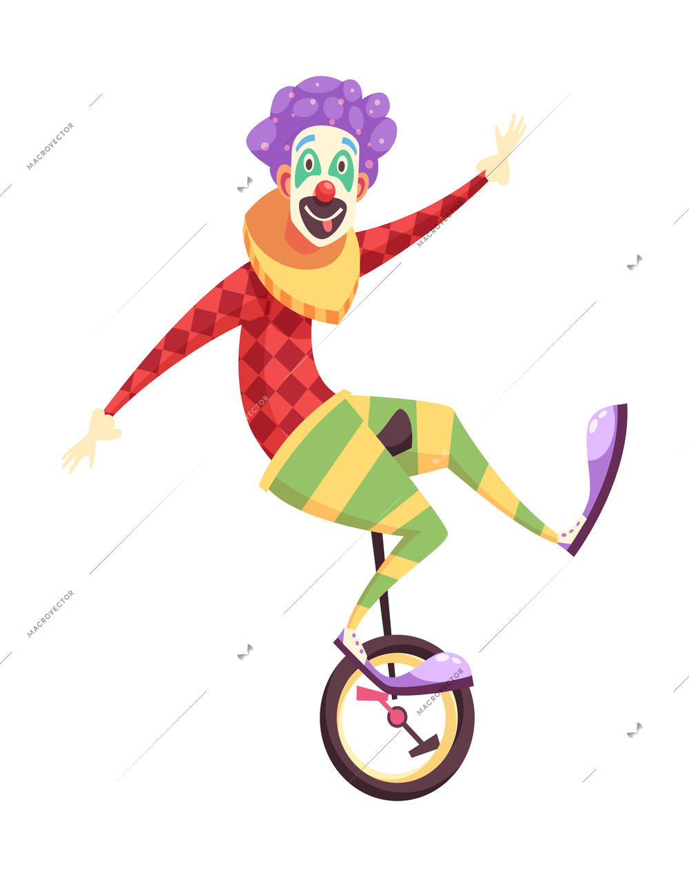 Funny clown wearing wig riding unicycle cartoon vector illustration