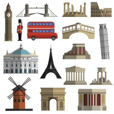 World travel historical landmarks sightseeing bus tours flat icons set with tower bridge abstract isolated  vector illustration