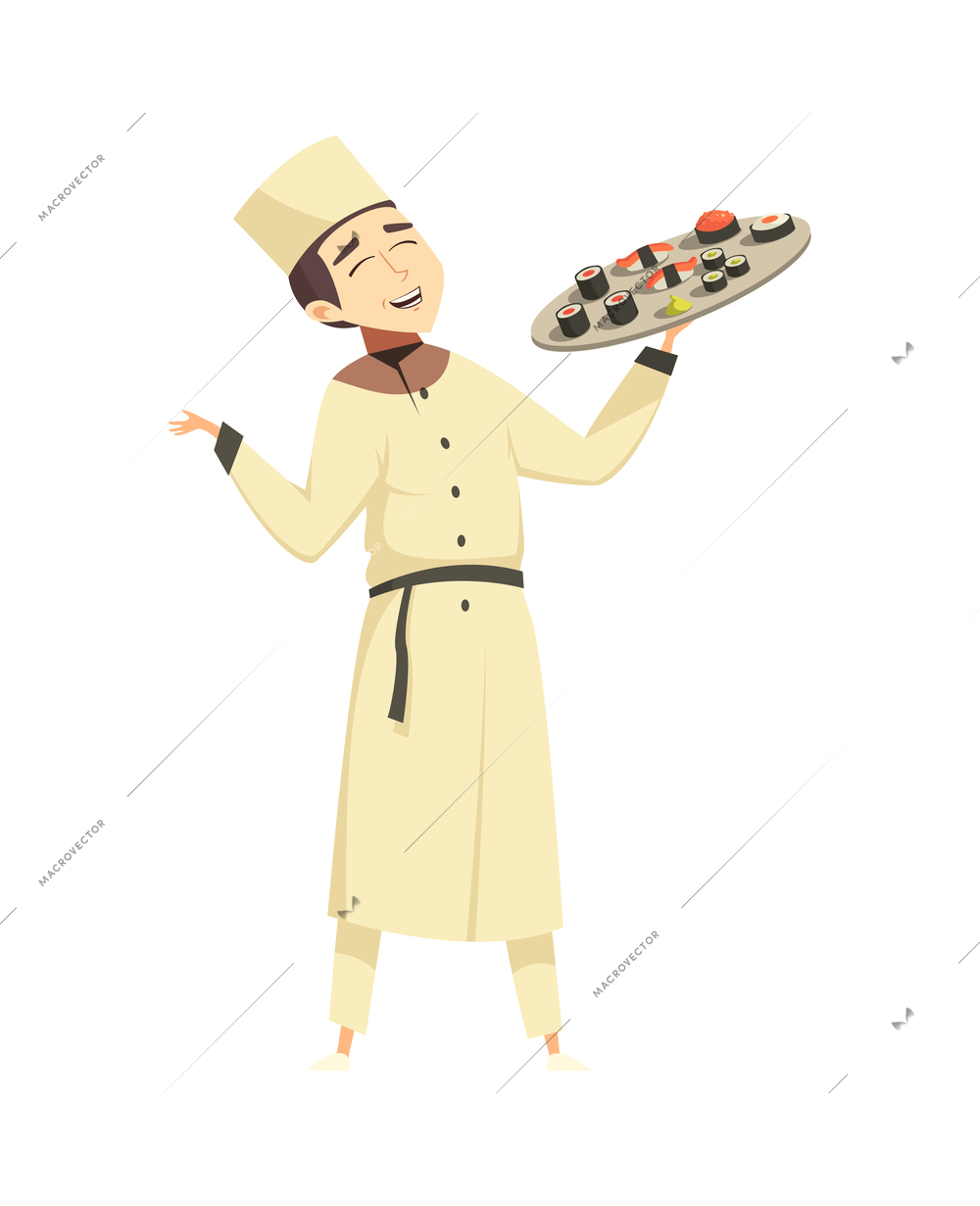 Smiling asian chef holding tray with sushi cartoon vector illustration