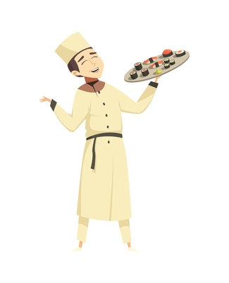 Smiling asian chef holding tray with sushi cartoon vector illustration