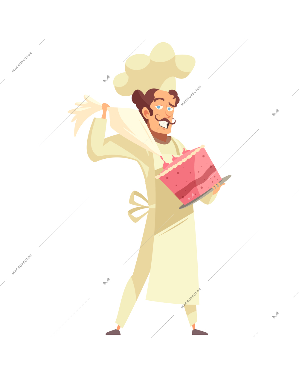 Professional male chef decorating cake with cream from pastry bag cartoon vector illustration