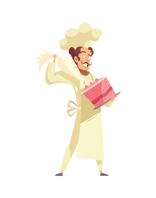 Professional male chef decorating cake with cream from pastry bag cartoon vector illustration