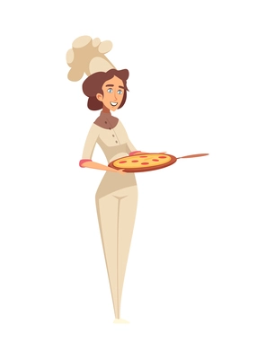 Smiling female pizza chef in uniform on white background cartoon vector illustration