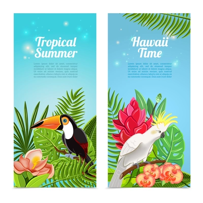 Tropical hawaii islands summer vacation 2 vertical banners set with exotic parrots birds abstract isolated vector illustration