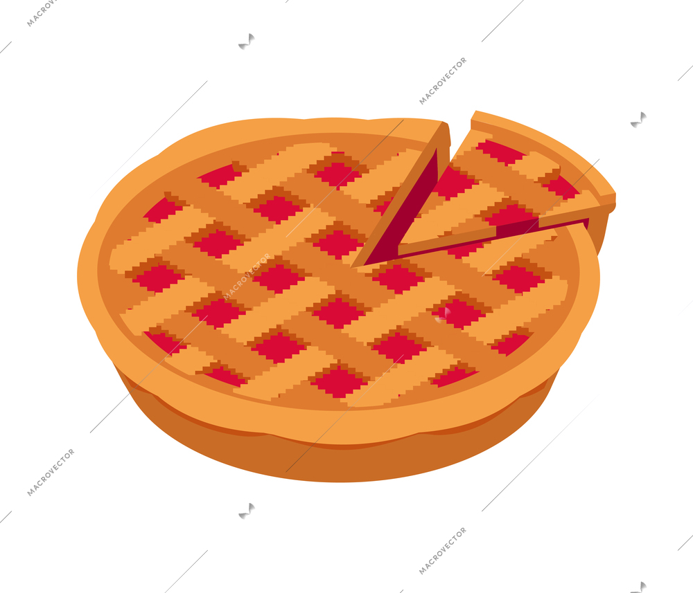 Cut pie with berry jam filling isometric icon vector illustration
