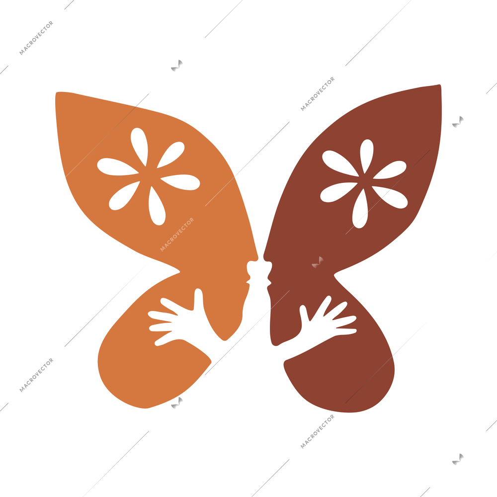 International friendship flat symbol with butterfly and human hands vector illustration