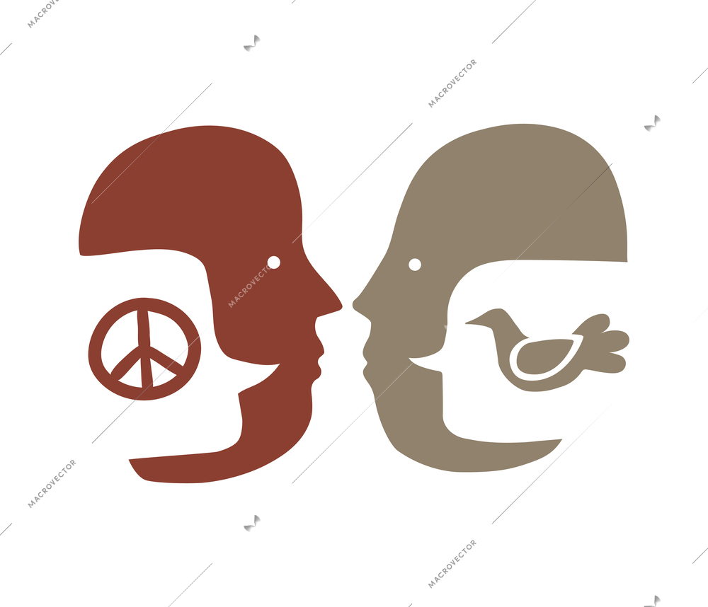 Internation friendship symbol with two human faces flat vector illustration