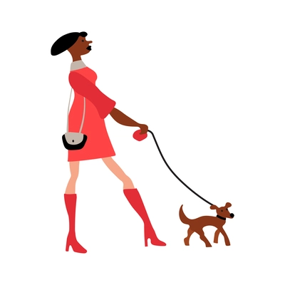 Fashionable woman walking with her little dog flat vector illustration