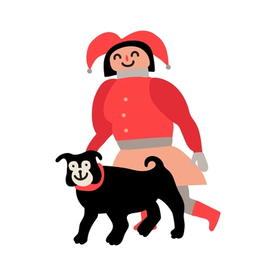 Girl walking with black dog flat vector illustration