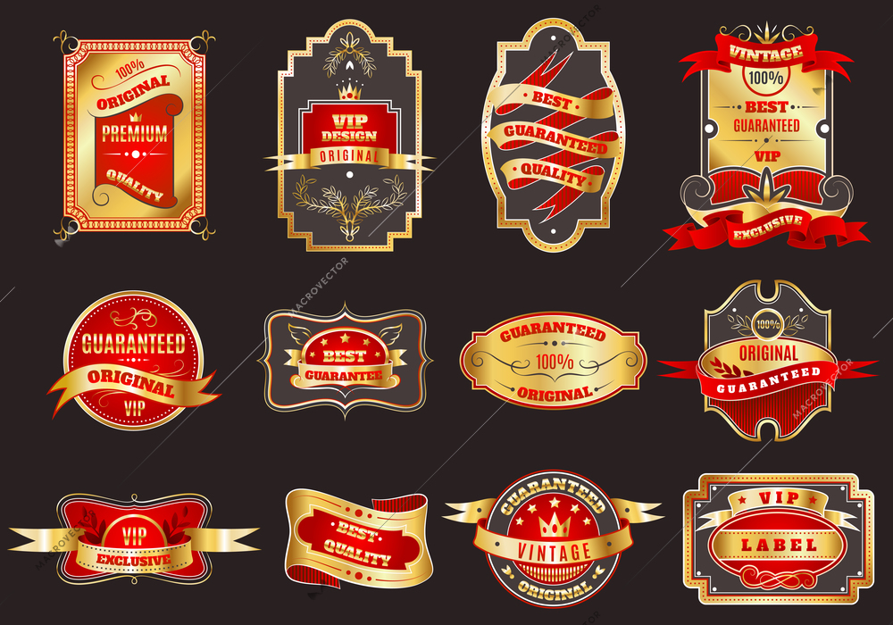 Golden crown highest quality best choice for vip customers retro emblems labels collection abstract vector isolated illustration
