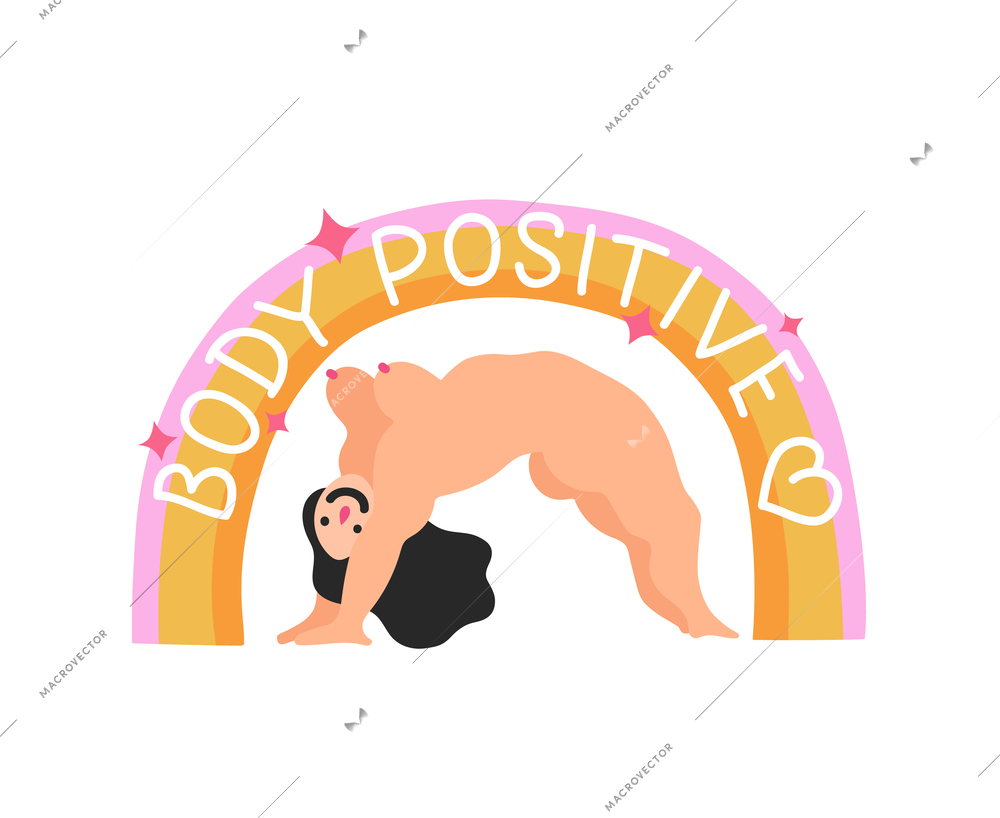 Body positive doodle concept with naked woman under rainbow vector illustration