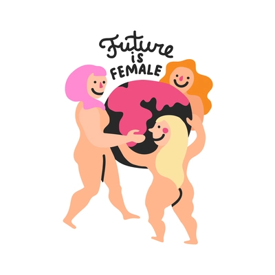Feminism doodle concept with naked women holding globe vector illustration