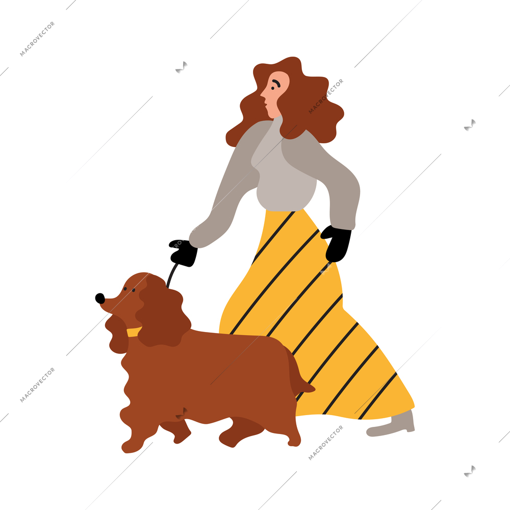 Woman walking with her dog on leash flat vector illustration