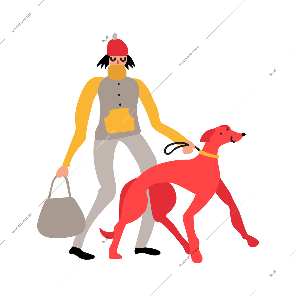 Person walking with dog on leash flat vector illustration