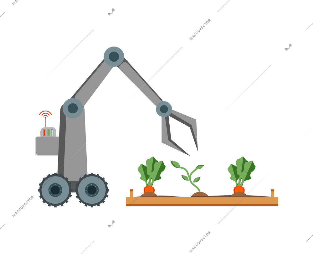 Smart farming flat icon with robotic arm gathering carrot vector illustration