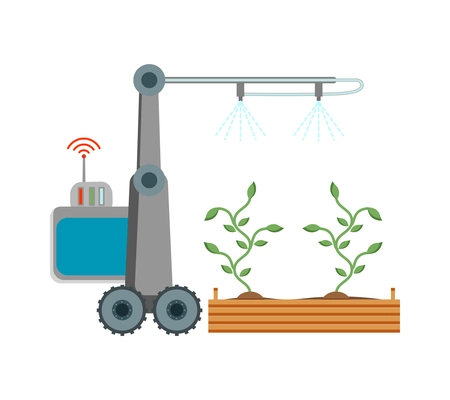 Smart farming flat icon with robotic machine watering plants vector illustration