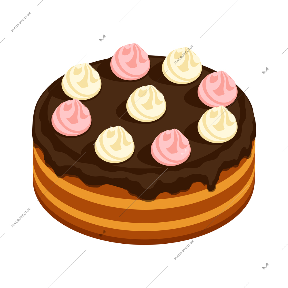 Cake with chocolate topping and cake roses isometric icon vector illustration