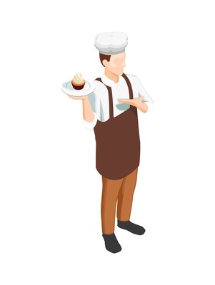 Male confectioner holding plate with cupcake isometric icon 3d vector illustration