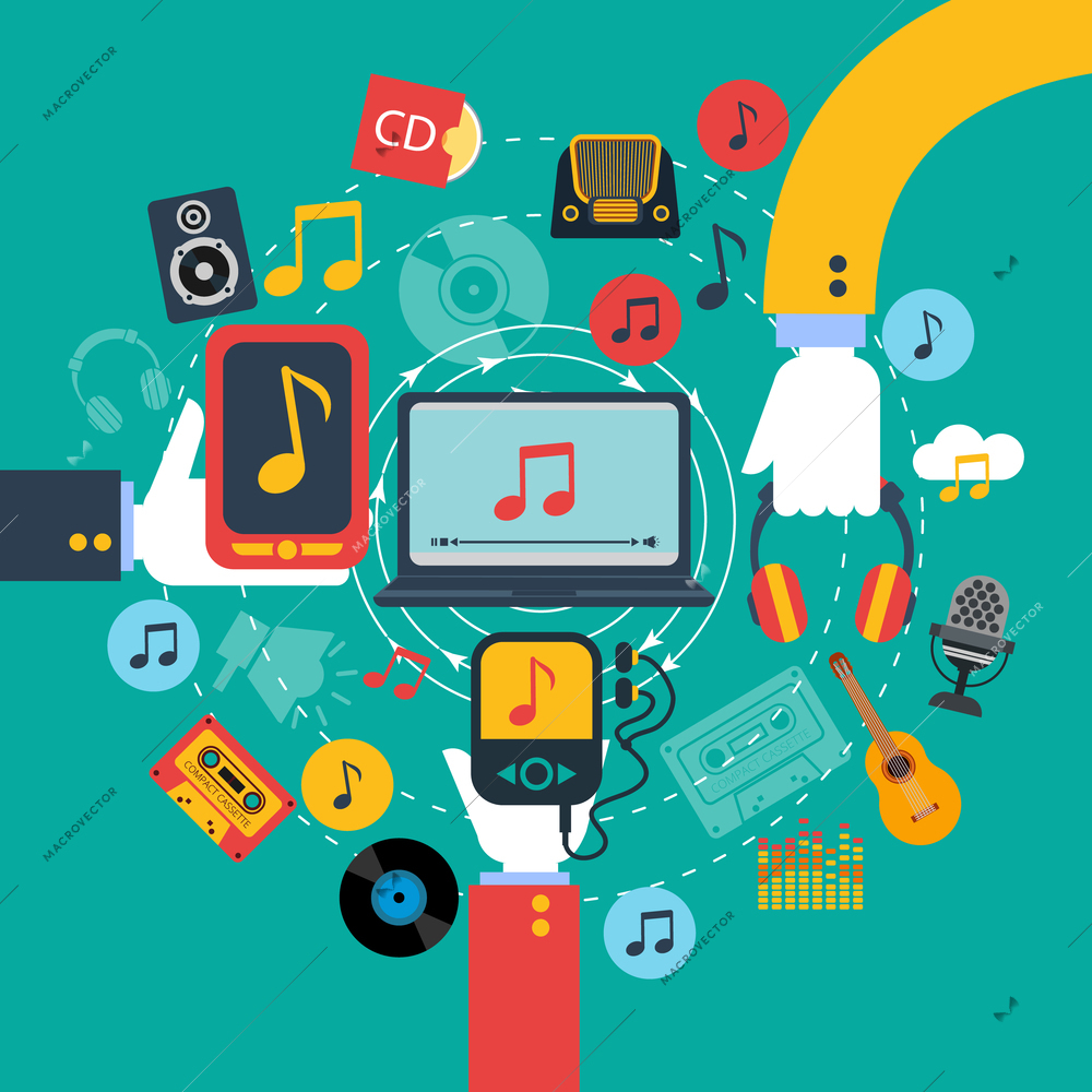 Old fashioned retro music apps poster with 3 hands holding tablets and mobile phone abstract vector illustration