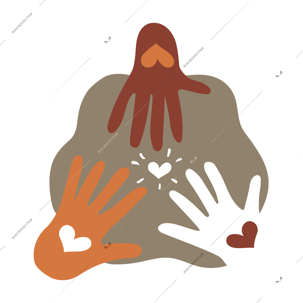International friendship flat symbol with human hands and hearts vector illustration