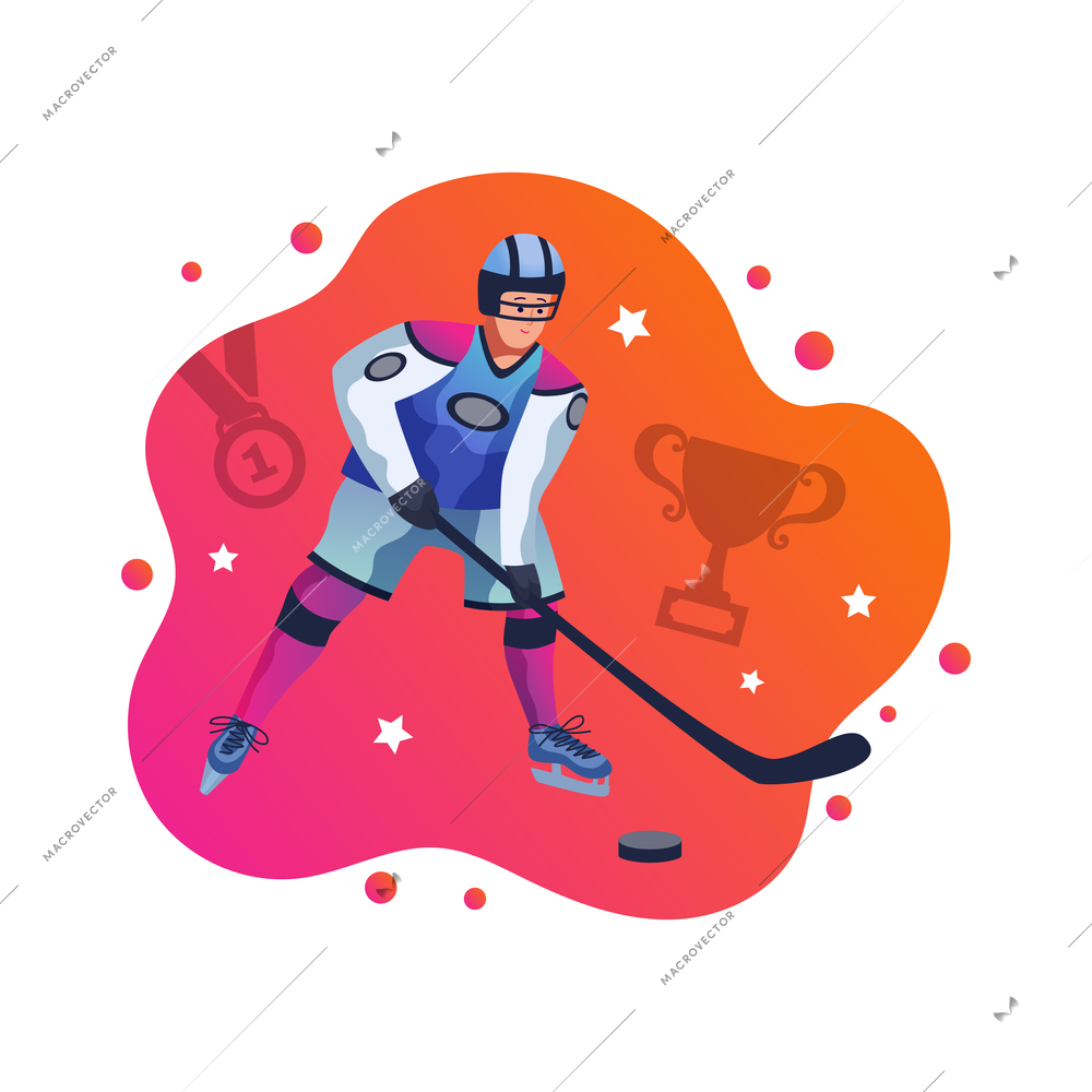 Hockey flat concept with male player medal winner cup vector illustration