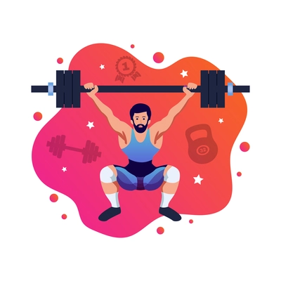 Weight lifting flat concept with man training with barbell vector illustration