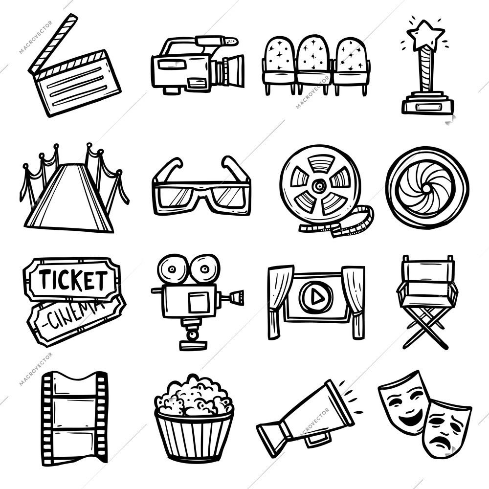 Cinema and entertainment arts hand drawn decorative icons set with clapperboard camera chairs award isolated vector illustration