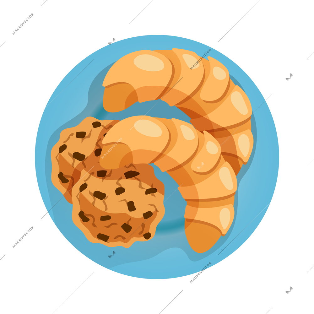 Sweet breakfast flat icon with fresh croissants and biscuits on blue plate vector illustration