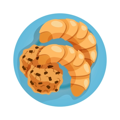 Sweet breakfast flat icon with fresh croissants and biscuits on blue plate vector illustration