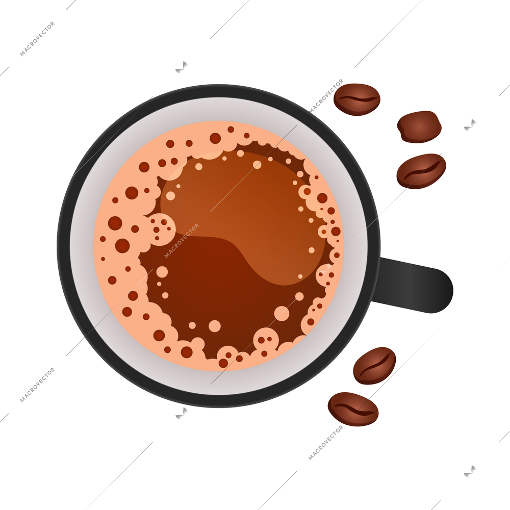 Cup of coffee with beans in flat style top view vector illustration