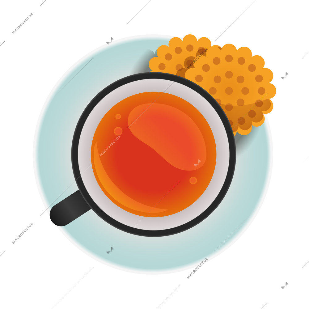 Cup of tea with two cookies on saucer top view flat icon vector illustration