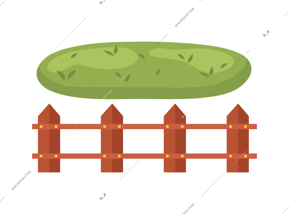 Farm landscape flat icon with green pasture and wooden fence isolated vector illustration