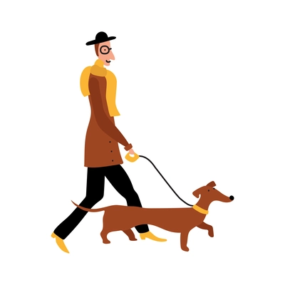 Tall thin man walking with dachschund dog flat vector illustration