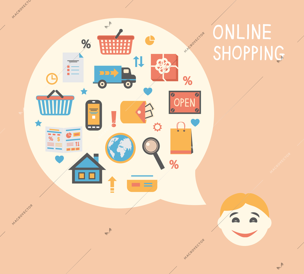 Online shopping innovation idea with happy satisfied customer vector illustration