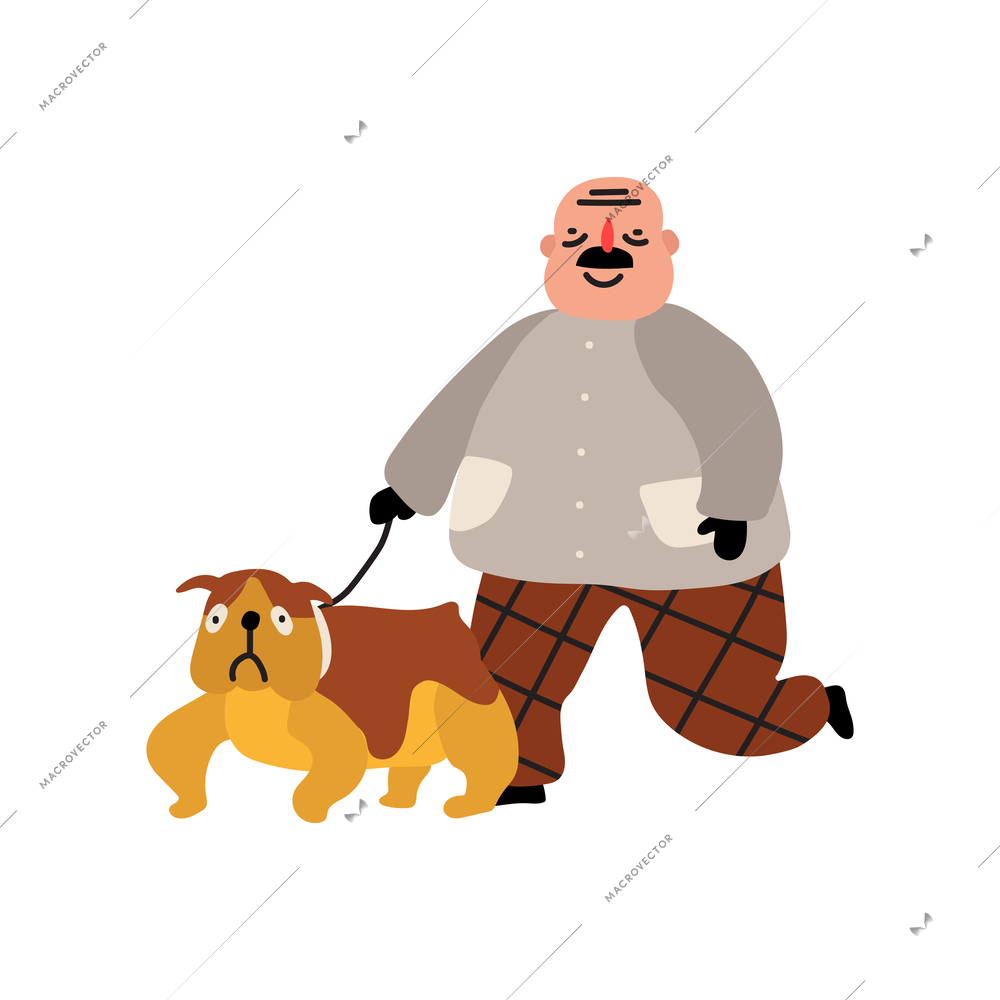 Plump man walking with his bulldog flat vector illustration