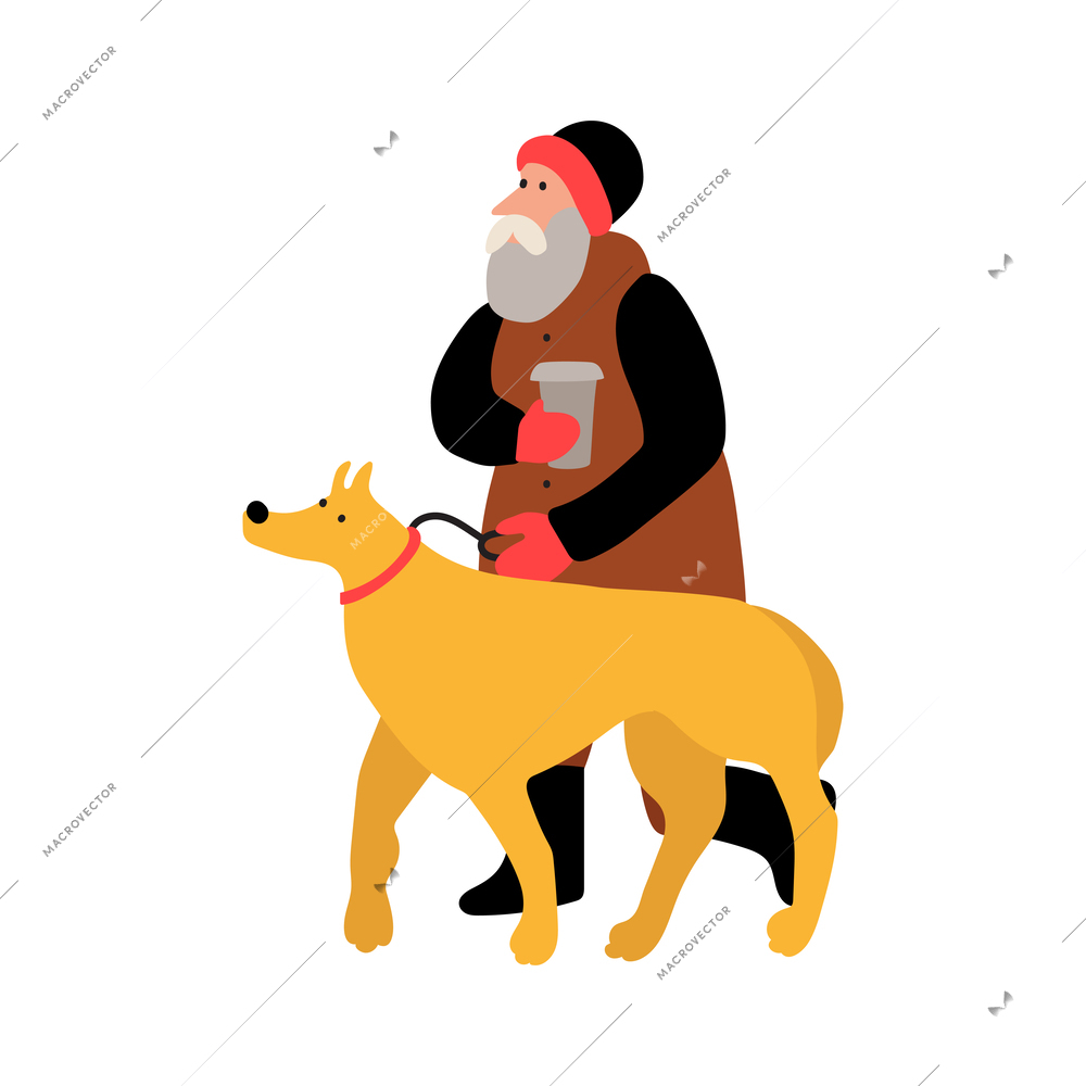 Senior man walking with his dog and cup of coffee flat vector illustration