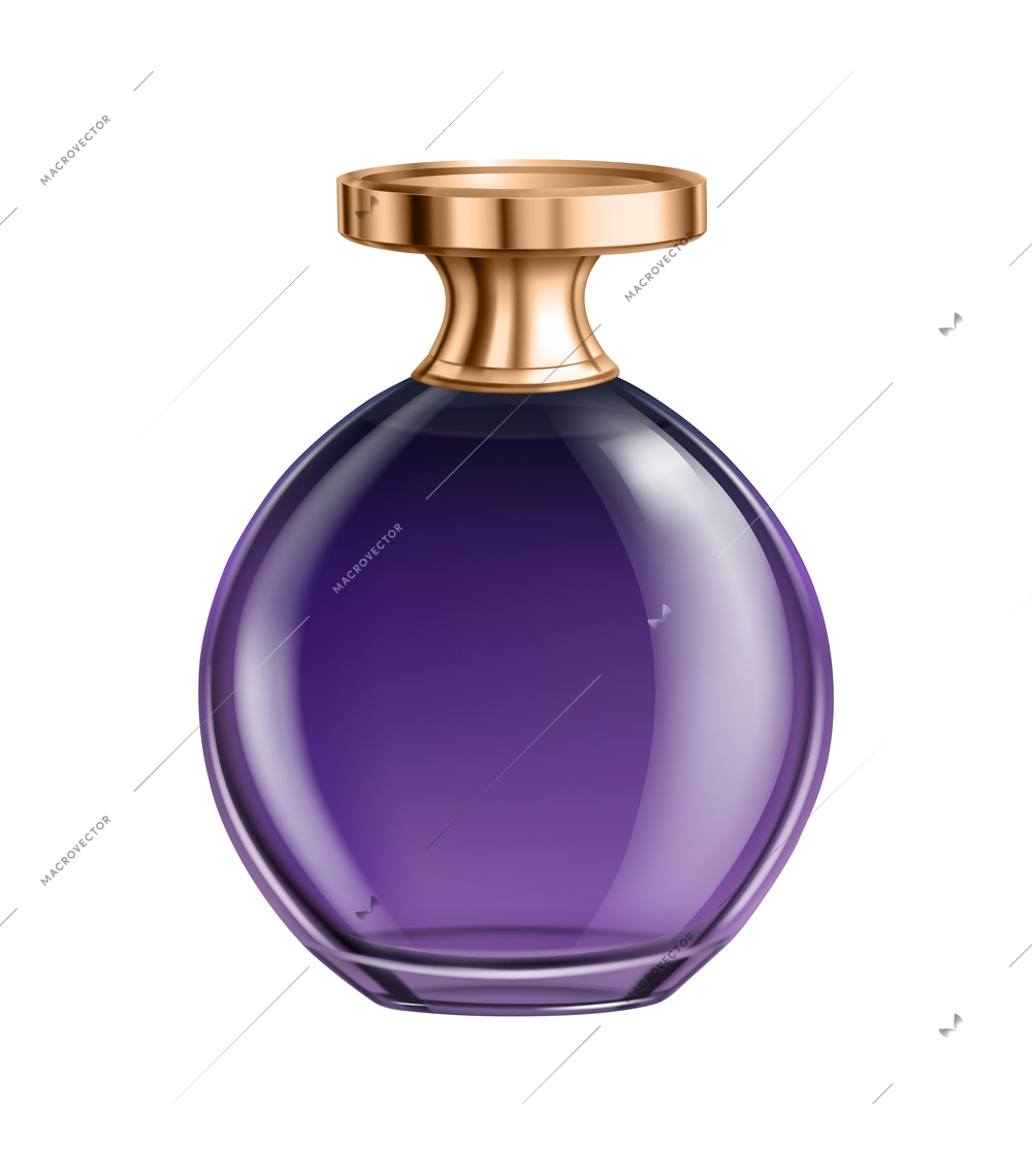 Realistic purple bottle of perfume with golden cap on white background vector illustration