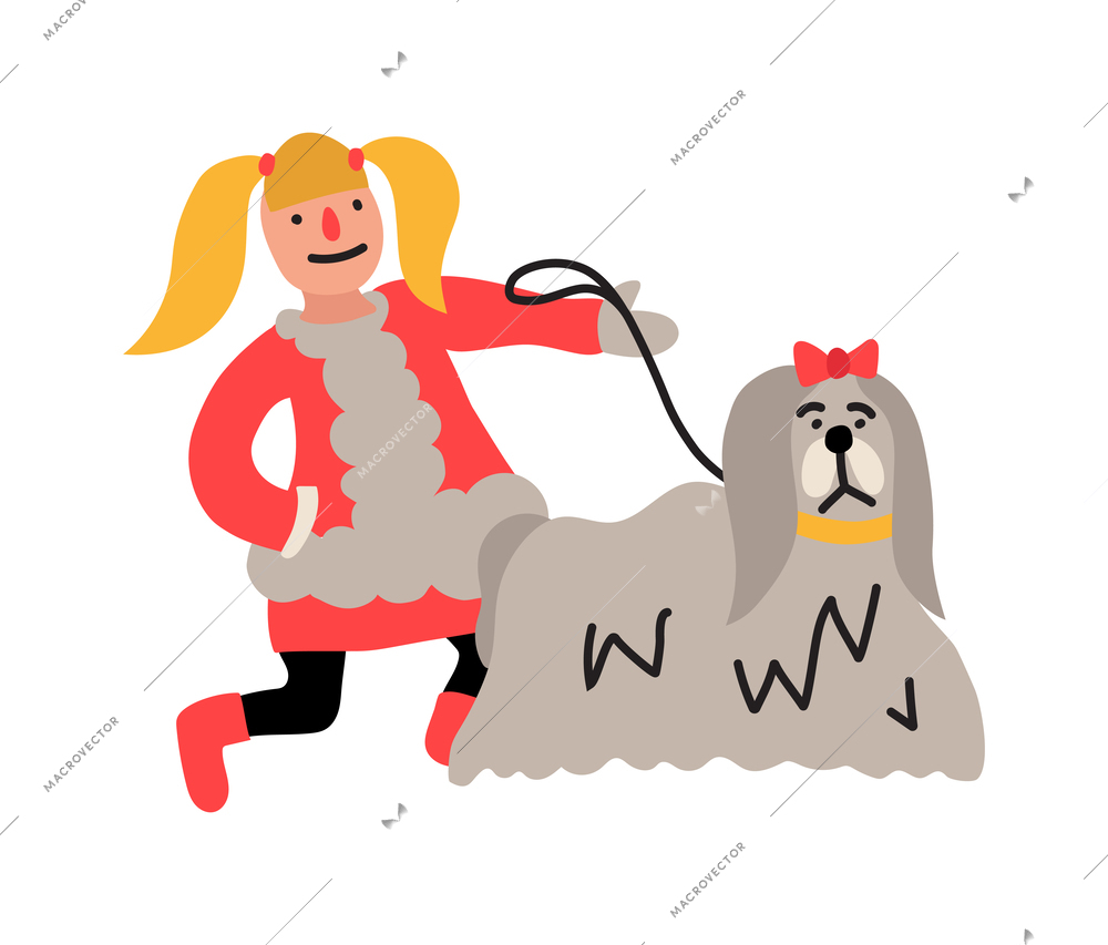 Little girl walking with grey dog flat vector illustration