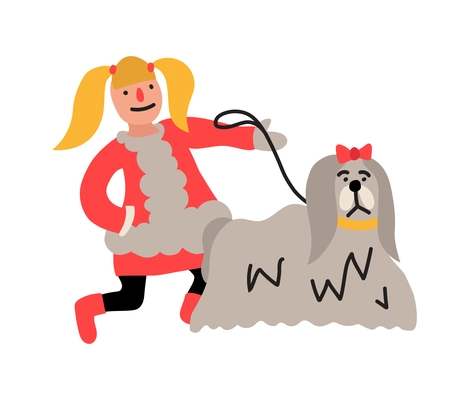 Little girl walking with grey dog flat vector illustration