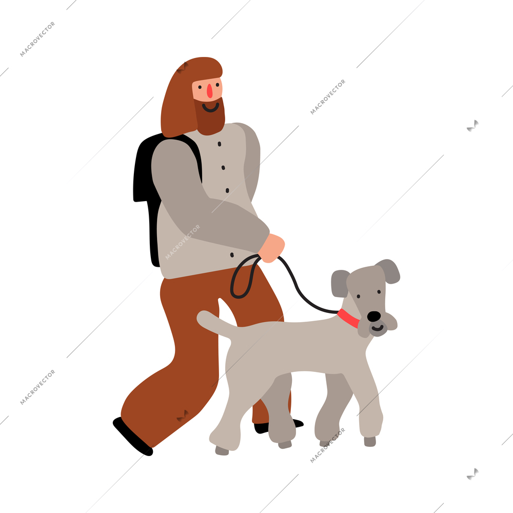 Bearded man walking with dog flat vector illustration