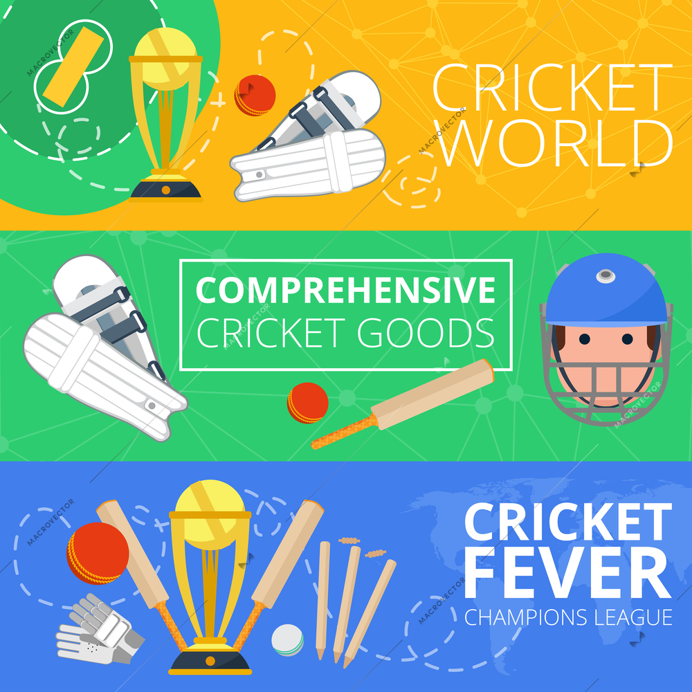 Champions league cricket world goods symbols flat banners set with club field equipment abstract isolated vector illustration