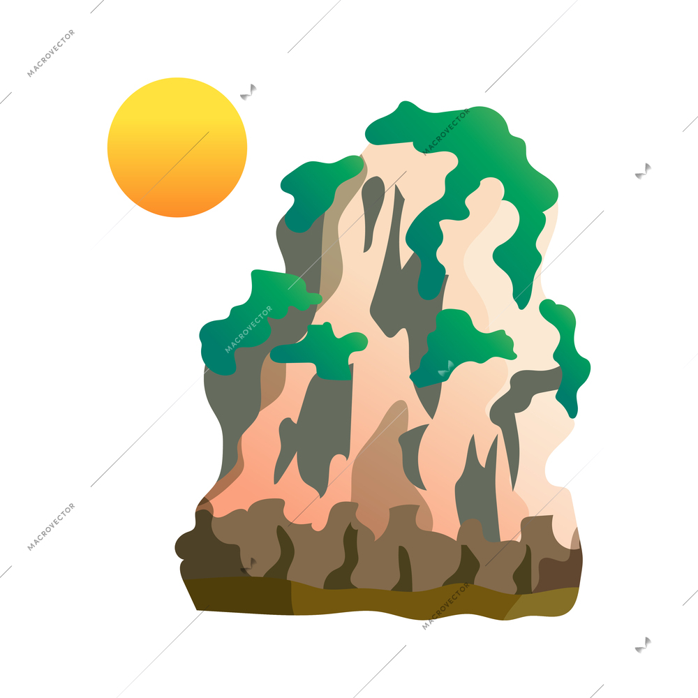 Rocky cliff with green trees and shining sun flat icon vector illustration